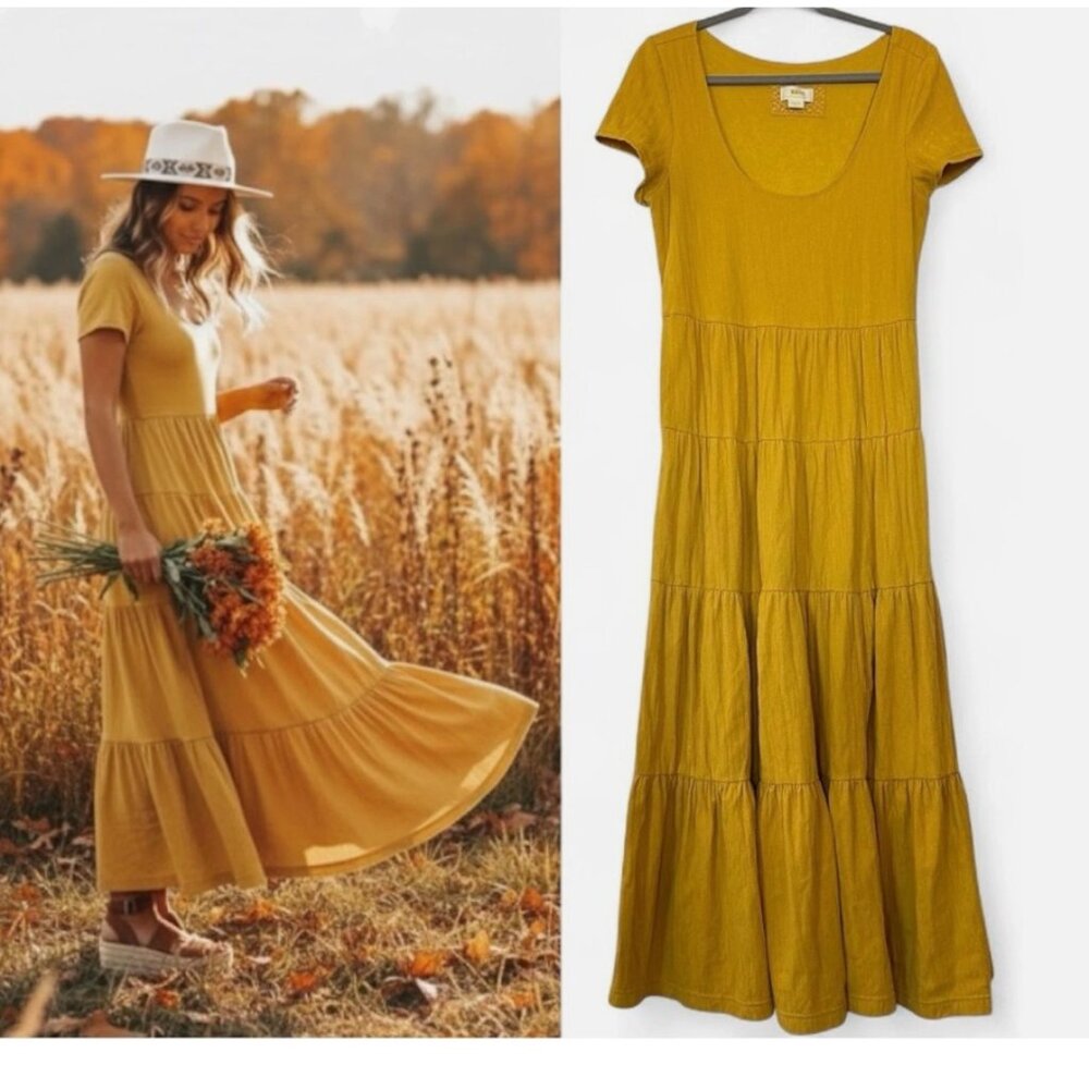 Anthropologie Maeve Gillian Tiered Maxi Dress Mustard Yellow Med Flowy Pockets